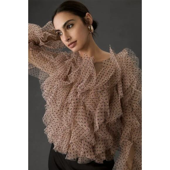 dolan Tops - Anthropologie Dolan Womens XL Left Coast Mesh Ruffle Top Nude Polka Dot Romantic